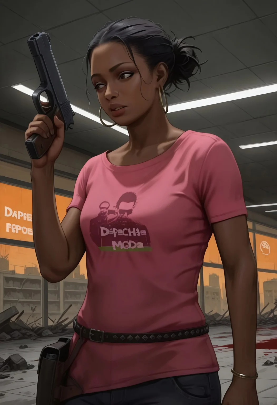 masterpiece, best quality, BREAK, dynamic angle, 1girl, solo, rochellel4d2, black hair, dark skin, pink shirt, hoop earrings, belt, covered in blood, holding pistol, orange lighting, mall, abandoned, zombie apocalypse, detailed scenery