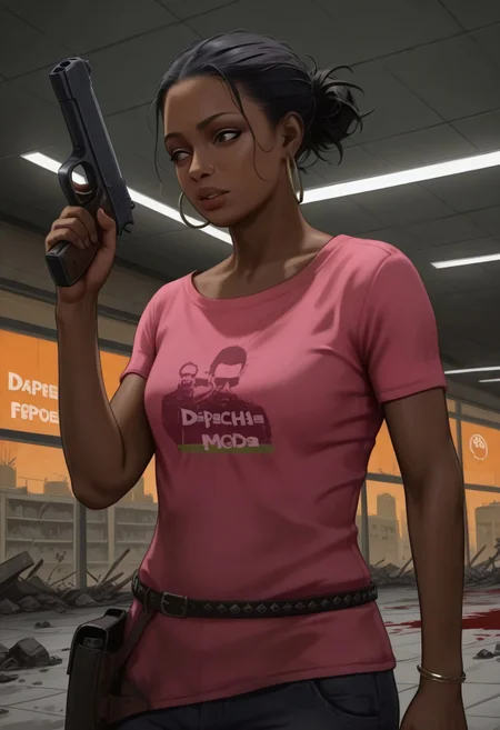 masterpiece, best quality, BREAK, dynamic angle, 1girl, solo, rochellel4d2, black hair, dark skin, pink shirt, hoop earrings, belt, covered in blood, holding pistol, orange lighting, mall, abandoned, zombie apocalypse, detailed scenery