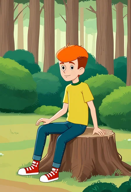 skinny, shorty, undersized, solo focus,  fyodor, 1boy, solo male, yellow shirt, green collar, short hair, orange hair, black eyes, pants, blue pants, t-shirt, rolled jeans, red footwear with white toes, red sneakers, , posing, smug smile, forest, trees, bushes, sitting on tree stump,  bedroom eyes, parted lips,  looking at viewer,
