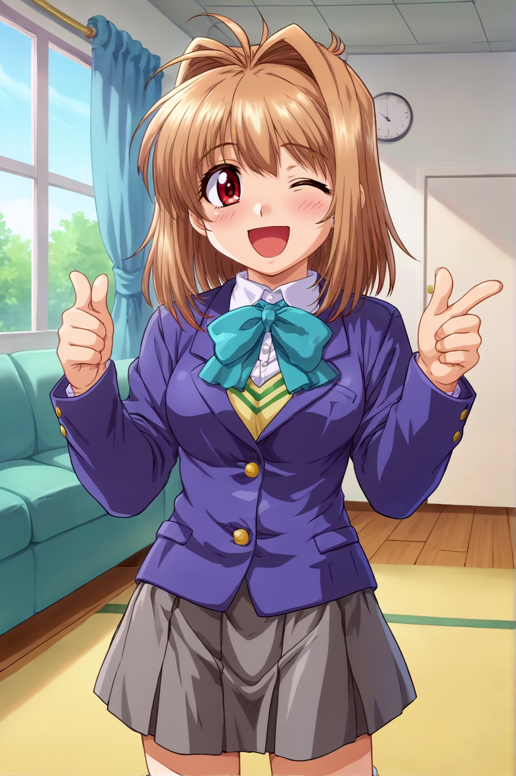 score_9, score_8_up, score_7_up,anime_source, source_anime, best background, detailed background, anime screencap,  Kawai Rie, Student Uniform, indoors, blush, indoors, happy, thumbs up, one eye close,  <lora:JN_Kawai_Rie:0.8>