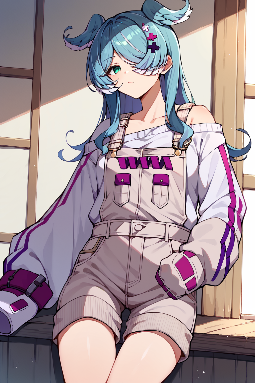 score_9, score_8_up, score_7_up, uncensored, source_anime, 1girl, <lora:speliraPendoraXLPony:1> elira1st, long sleeves, overalls, white sweater, off shoulder, single glove, one eye covered, overall shorts