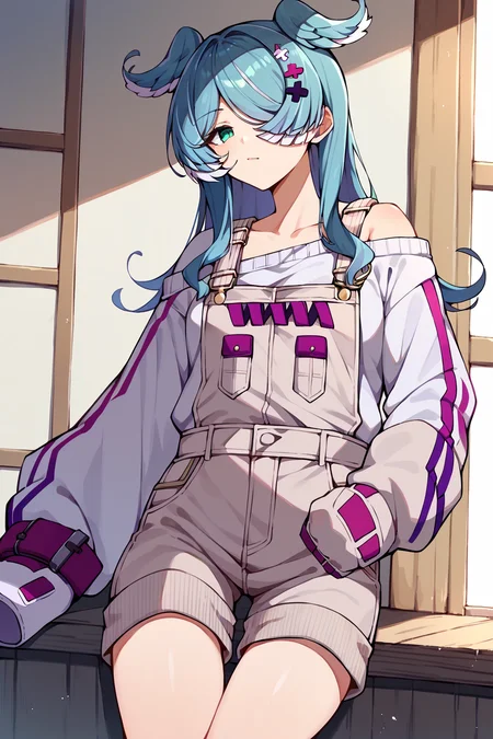 score_9, score_8_up, score_7_up, uncensored, source_anime, 1girl, <lora:speliraPendoraXLPony:1> elira1st, long sleeves, overalls, white sweater, off shoulder, single glove, one eye covered, overall shorts