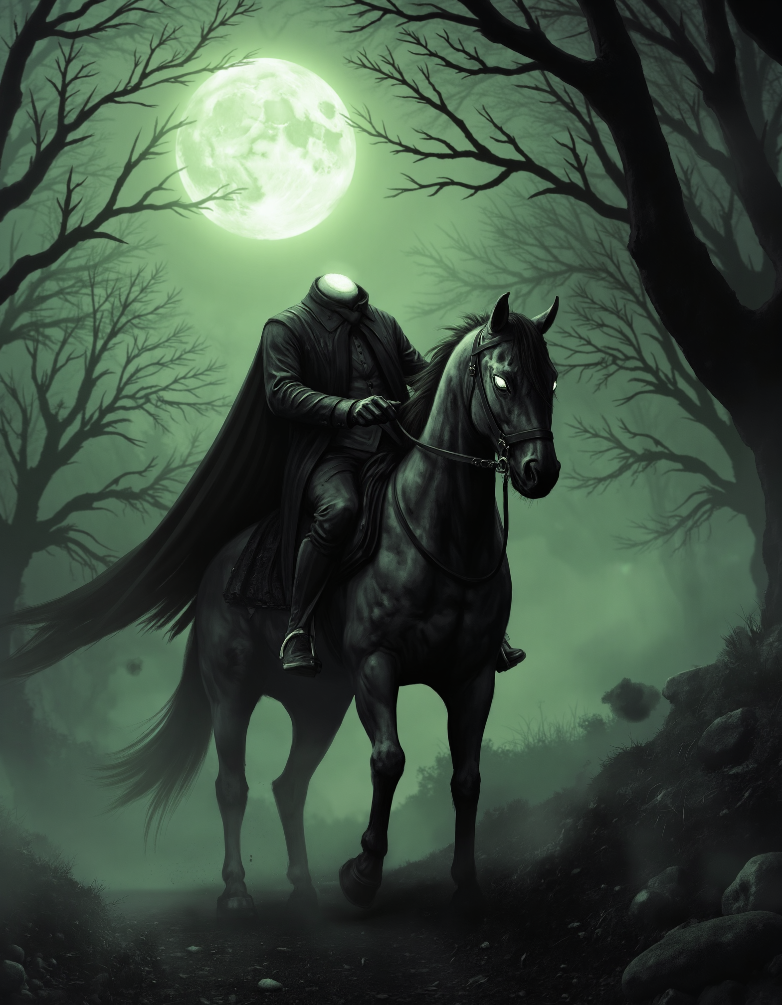 zavy-hdlsshrsmn, Low-angle shot from behind, a menacing figure of the headless horseman riding furiously on a dark, powerful steed, cloaked in tattered black fabric revealing a stark absence of a head, surrounded by a misty, moonlit forest with twisted trees and shadowy paths, captured in a dramatic high-contrast style evoking gothic horror, utilizing a monochromatic color palette with deep blacks, muted grays, and eerie shades of green.