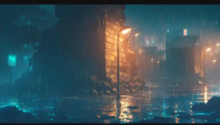 REMEMX,
REMEMX,no humans,outdoors,letterboxed,rubble_ruins,bricks,sign,modern,cold light,lamppost,night,rain,puddles,rainstorm,
outdoors,<lora:REMEMXv1-000002:1>,