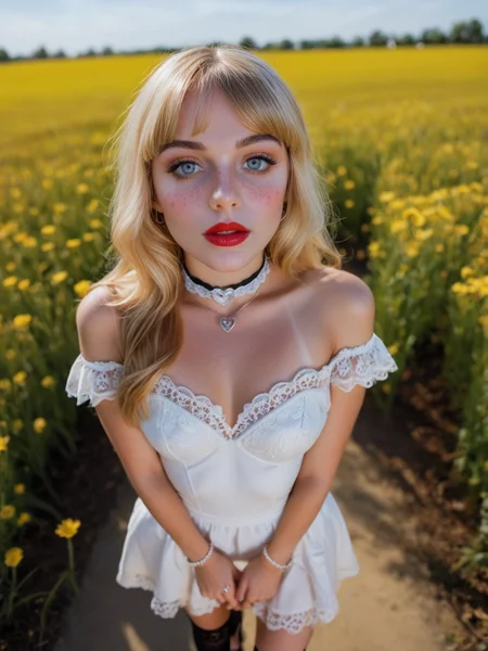 21 yo house-wife, wide-angle, fisheye, full-length portrait, flash photo, blonde, small breasts, blunt bangs, narrow hips, skinny, thin, petite, puffy lace mini-dress, heart choker necklace, glossy red lipstick, tan freckled, blushing pink cheeks, long legs, thigh highs, platform high heels, very long hair, bold makeup, wildflower field, subtle details, unique perspective, looking up at viewer, begging eyes, huge diamond ring on finger, glare from ring, photograph, detailed, realistic, detailed feet, detailed hands,  whole body, supermodel face
<lora:MJ52:0.4>  <lora:c41_zenit_kodakgold_SDXL:.6> <lora:Supermodel-SDXL:.65>