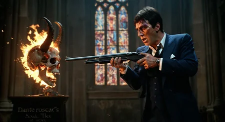 operatic mythological shootout, tony montana in a 1980s midnight blue three-piece suit scorched at the edges, aiming a sawed-off shotgun directly into Satan’s flaming skull during a standoff in a cathedral of the damned, close-up, eye-level angle, shattered stained-glass windows casting demonic shadows, Latin inscriptions bleeding light, Tony’s eyes burning with madness and vengeance, mood of divine fury and cosmic defiance, chiaroscuro lighting with piercing spotlight on Tony, deep blacks and molten golds, styled like a surreal dream sequence fused with Dante’s Inferno