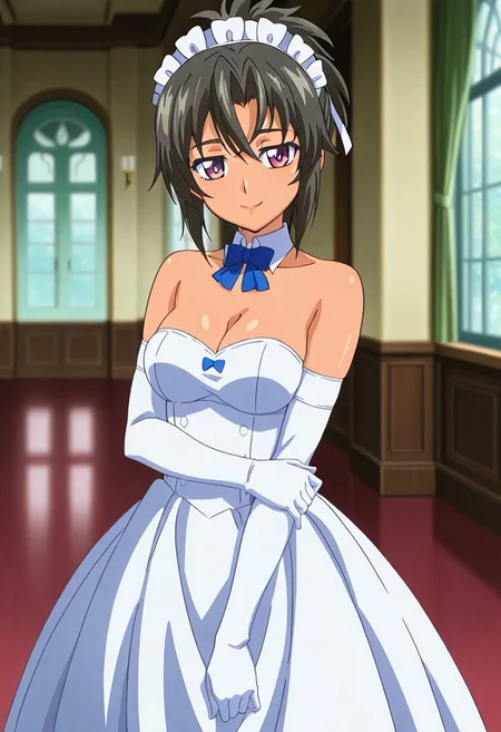 masterpiece, best quality, amazing quality, very aesthetic, absurdres, suzukimirano, anime coloring, source anime, indoors, ballroom, blurry background,
BREAK
1girl, CynthiaSagrit, purple eyes, dark-skinned female, black hair, standing, seductive smile, maid, white strapless dress, beautiful dress, white elbow gloves
