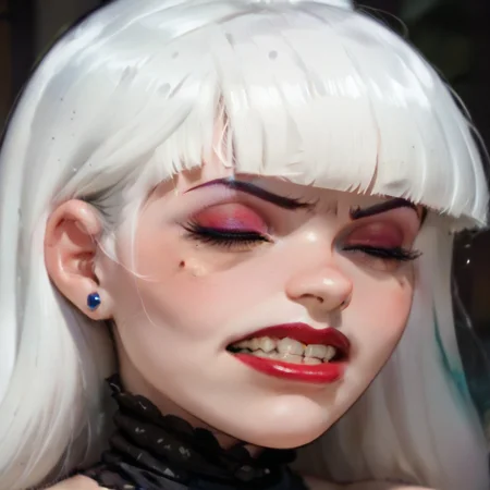 Score_9, score_8_up, score_7_up, str4in, 1girl, solo, white hair, closed eyes, teeth, blunt bangs, makeup, bangs, mole, clenched teeth, mole under eye, eyeshadow