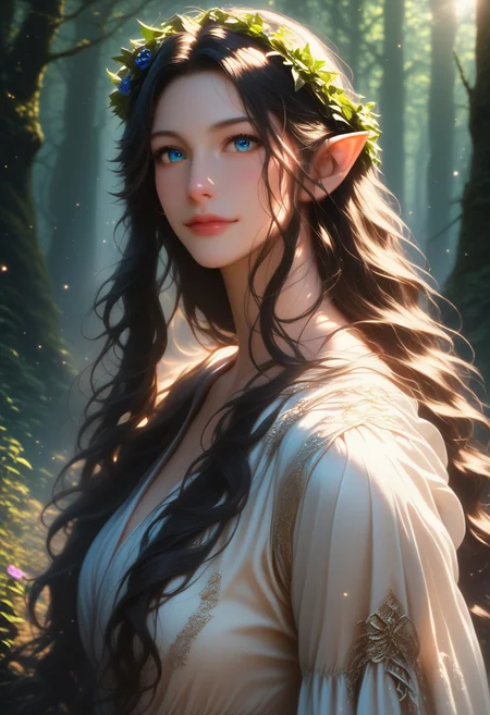 (score_9, score_8_up, score_7_up), 1girl, MILF, solo, gorgeous girl, detailed face, kawai girl, Expressiveh, <lora:add-detail-xl:1>, cute face, cute girl, Curvaceous Physique, easynegative, forest,tall trees, fog, enchanted forest, perfect quality, high quality, ambient occlusion, raytracing, source_anime, shining glossy skin, soft lighting, realistic skin, blum effect, masterpiece, absolutely eye-catching,
Lúthien, (masterpiece), best quality, expressive eyes, perfect face, black hair, ((pointy ears:0.6)), perfect eyes, silhouette, light particles, view from side, long flowing hair, ((Lord of the Rings elven dress intricate)), simple medival dress, linen dress, flower crown, steam, fog,