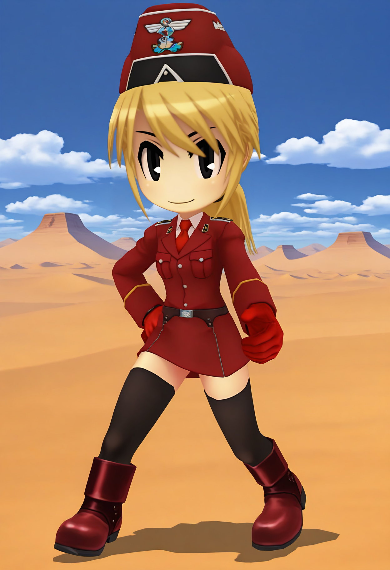 best hands, 5 fingers, perfect hand, <lora:MSNF_IL1.5:1> looking at viewer, full body,
msnf, official art, 1girl, solo, blonde hair, black eyes, ponytail, smile,
red gloves, red necktie, black thighhighs, military uniform, red boots, red Tanker Cap
hand on own hip, legs apart,
outdoors, Desert, day, cloud, shadow,
