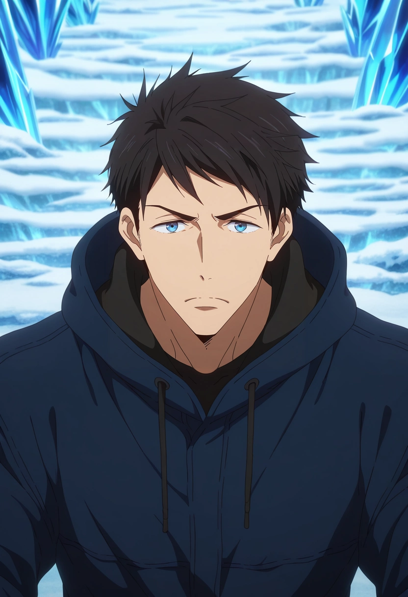 masterpiece, best quality, , anime screencap, anime coloring, , , 1boy, solo, male focus, <lora:sousuke_yamazaki_ilxl:0.92>, sousuke_yamazaki, black hair, blue eyes, short hair, ice labyrinth, frost patterns, crystal walls, snow drifts, exploring pose, determined expression, filtered light, gangster costume