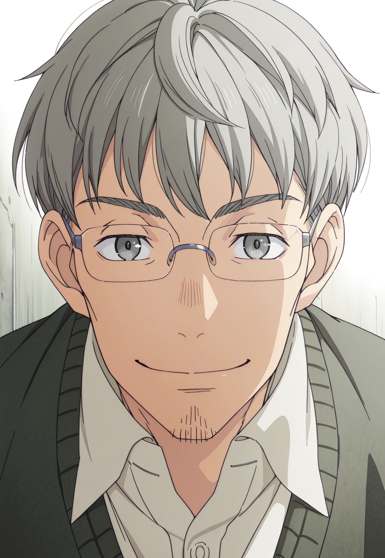 solo, masterpiece, detailed, uwa, huge filesize, ultra hd, best quality, (absurdres, highres), 1boy, official art, bright, male

3gatsuhayashida, grey hair, grey eyes, stubble, glasses, sweater, shirt, portrait, headshot, looking at viewer, smiling
