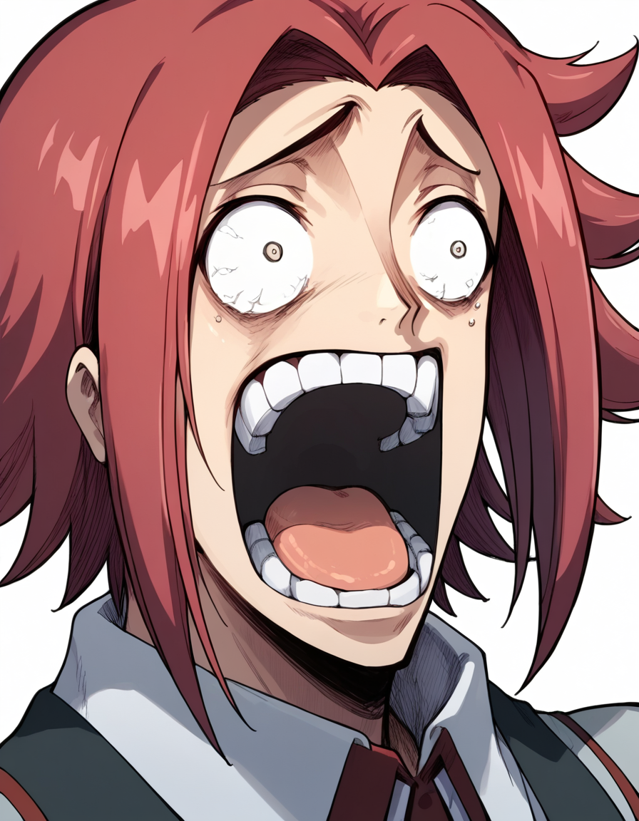 score_9, score_8_up, score_7_up, source_anime, <lora:kallen-stadtfeld-s1-ponyxl-lora-nochekaiser:1>, kallen stadtfeld, red hair, short hair, large breasts,, <lora:enel-face-ponyxl-lora-nochekaiser:1> enel face, open mouth, wide-eyed, teeth, tongue,, , ,