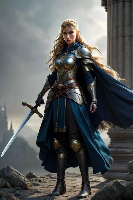 RAW photo, masterpiece, subsurface scattering, heavy shadow, high quality, intricate, high detail, professional photography, HDR, High Dynamic Range, realistic, ultra realistic, photorealistic, high resolution, film photography, ambient lighting, atmospheric effects, <lora:detail_slider_v4>, OverallDetail, <lora:FemaleWarrior:0.65>,1girl, armor, belt, blonde hair, blue eyes, blurry, blurry background, boots, braid, breastplate, cape, castle, cloak, earrings, elf, femwa, gauntlets, gloves, holding, holding sword, holding weapon, jewelry, lips, long hair, looking at viewer, medium breasts, pauldrons, pillar, shoulder armor, solo, standing, sword, weapon