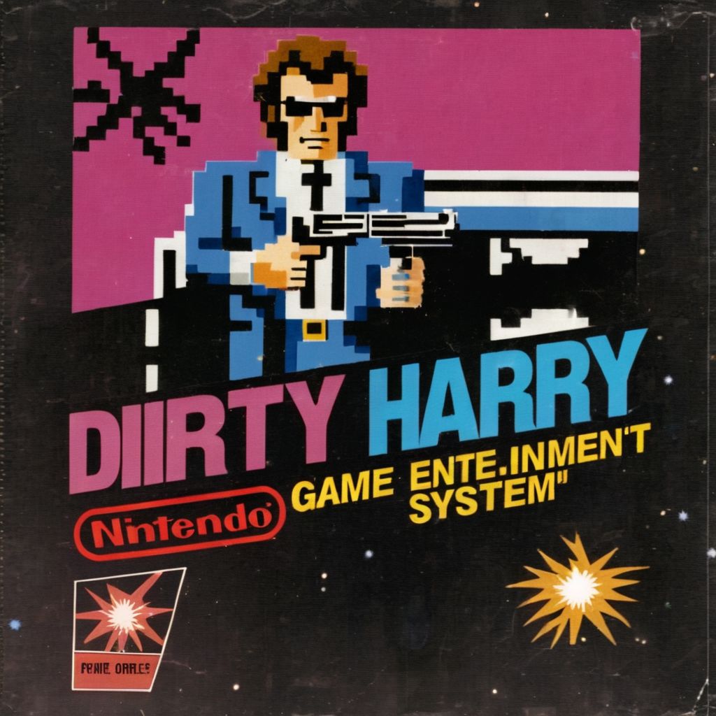Dirty Harry. game cartridge cover, in the style of classic-nintendo