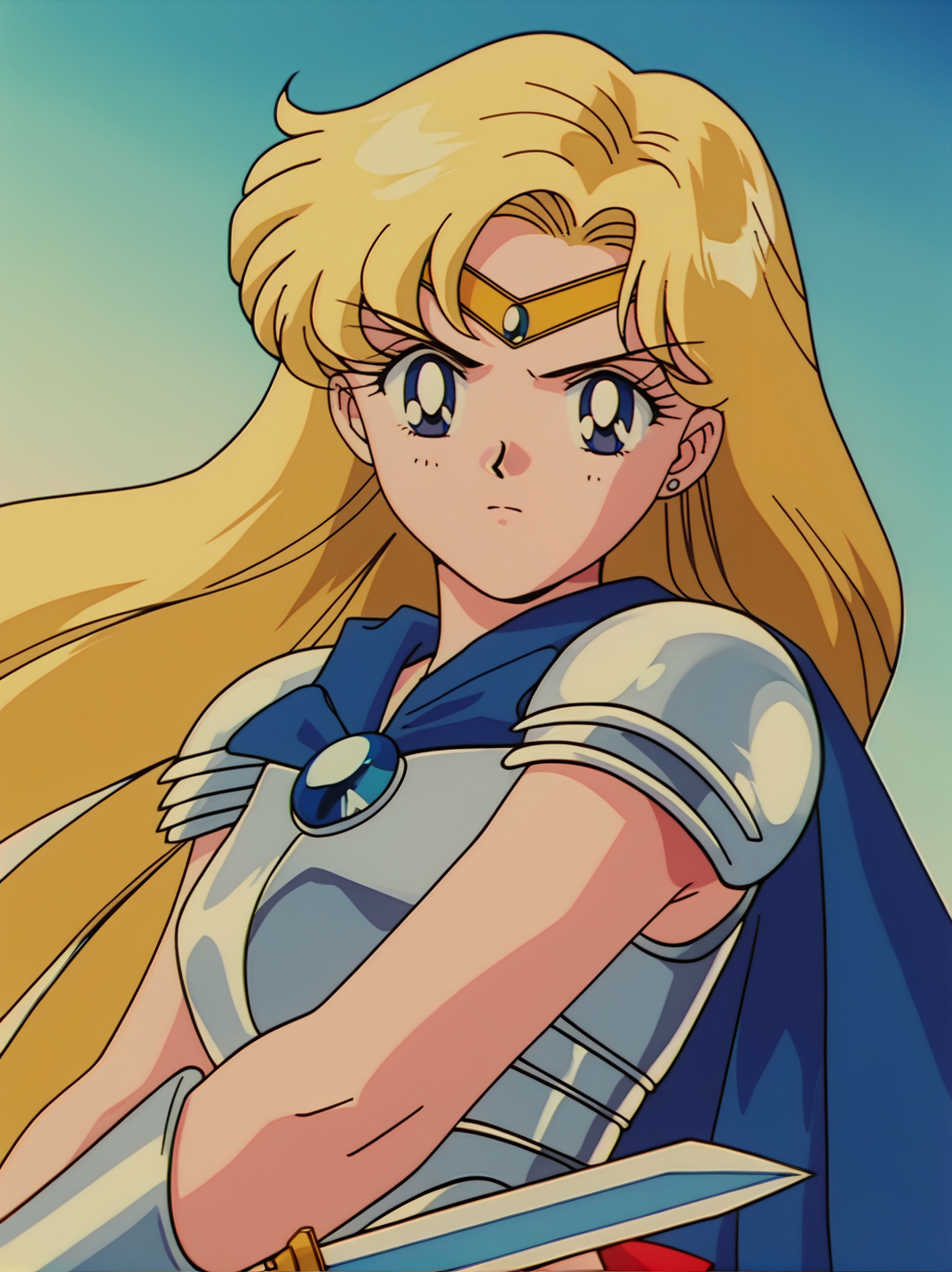 score_9, score_8_up, score_7_up,, screencap, anime coloring, retro artstyle, 
weapon, armor, sword, long hair, blonde hair, 1girl, holding, holding weapon, shoulder armor, holding sword, pauldrons, solo, closed mouth, breastplate, cape, blue eyes, gem, sky, 
 <lora:ASailorTominagaXL_style:1>, SailorMoonXL