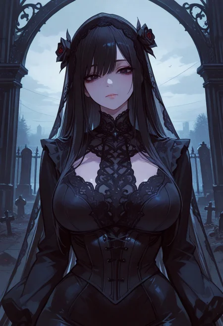 masterpiece, best quality, amazing quality, very aesthetic, absurdres, newest, holographic colors, cute, gradient colors, very aesthetic, volumetric lighting, ambient occlusion, intricate cinematic background, (beautiful detailed face), (elegant, somber, mysterious presence), anime_face, BREAK highly detailed, solo, beautiful eyes, big eyes, (dark eyes), detailed eyes, perfect eyes, detailed pupils, perfect body, closed mouth, (subtle, melancholic expression), 1girl, BREAK very curvy, thicc yet balanced proportions, big breasts, wide hips, big ass, slender waist, long silky straight hair, black mourning dress, elegant flowing fabric, long sleeves, high neckline, mourning net veil covering face, delicate lace details, BREAK portrait, face focus, gothic cemetery, overcast sky, dark roses, wrought iron gates, detailed background, looking_at_viewer, cinematic lighting,