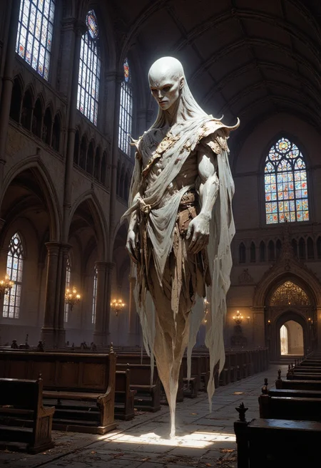 Visualize a ghostly Whisperwind Spectre floating in an abandoned cathedral at night. Its form is translucent, with tattered robes that flutter silently in the nonexistent wind. The spectre's face is sorrowful yet serene, with a soft glow emanating from its hollow eyes. The cathedral's gothic arches and stained glass windows cast colorful patterns on its form. The camera shot is intimate and quiet, focusing on the spectre as it glides past ancient pews covered in layers of dust.