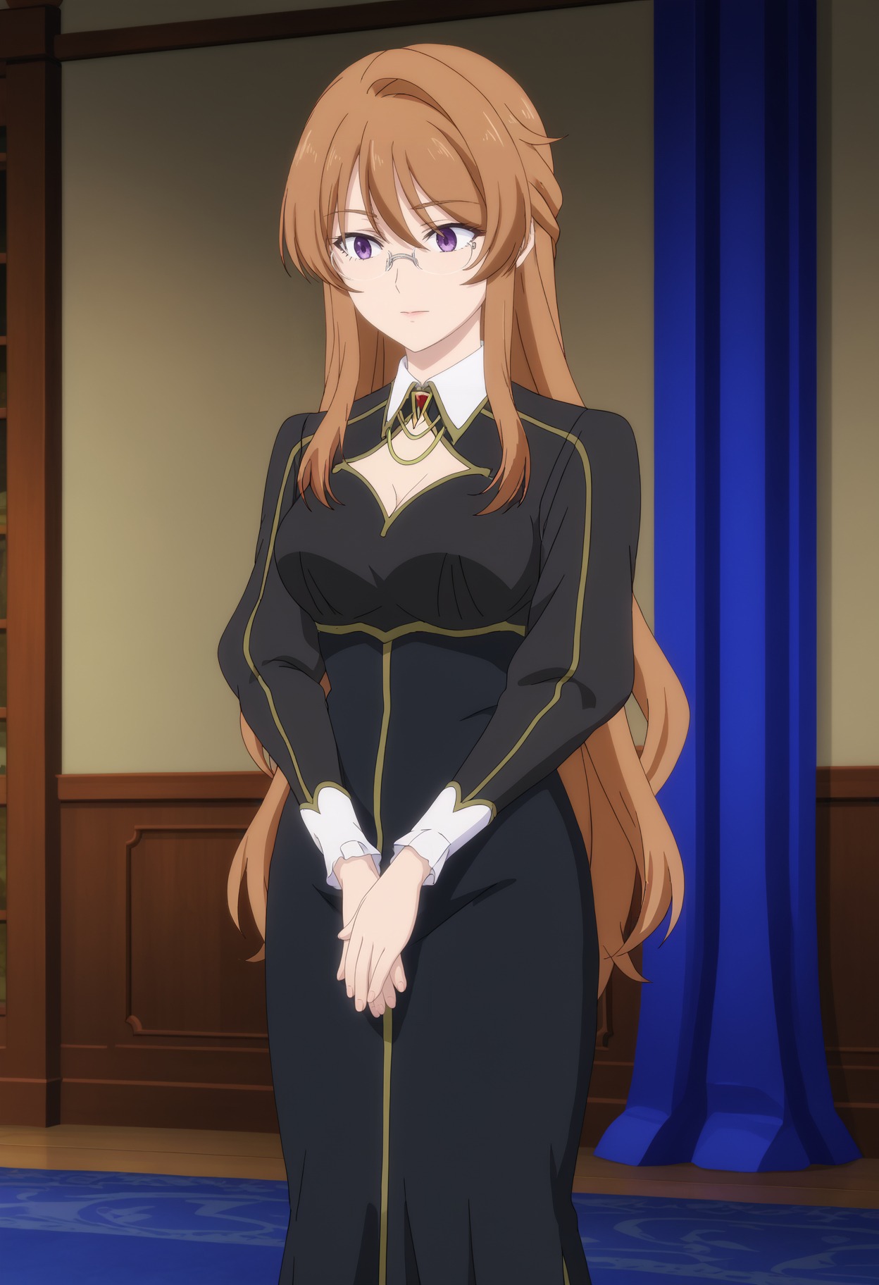 Fisch Brandel,solo,long hair,glasses,purple eyes,brown hair,breasts,dress,own hands together,black dress,long sleeves,standing,anime screencap,<lora:Fisch Brandel:1>