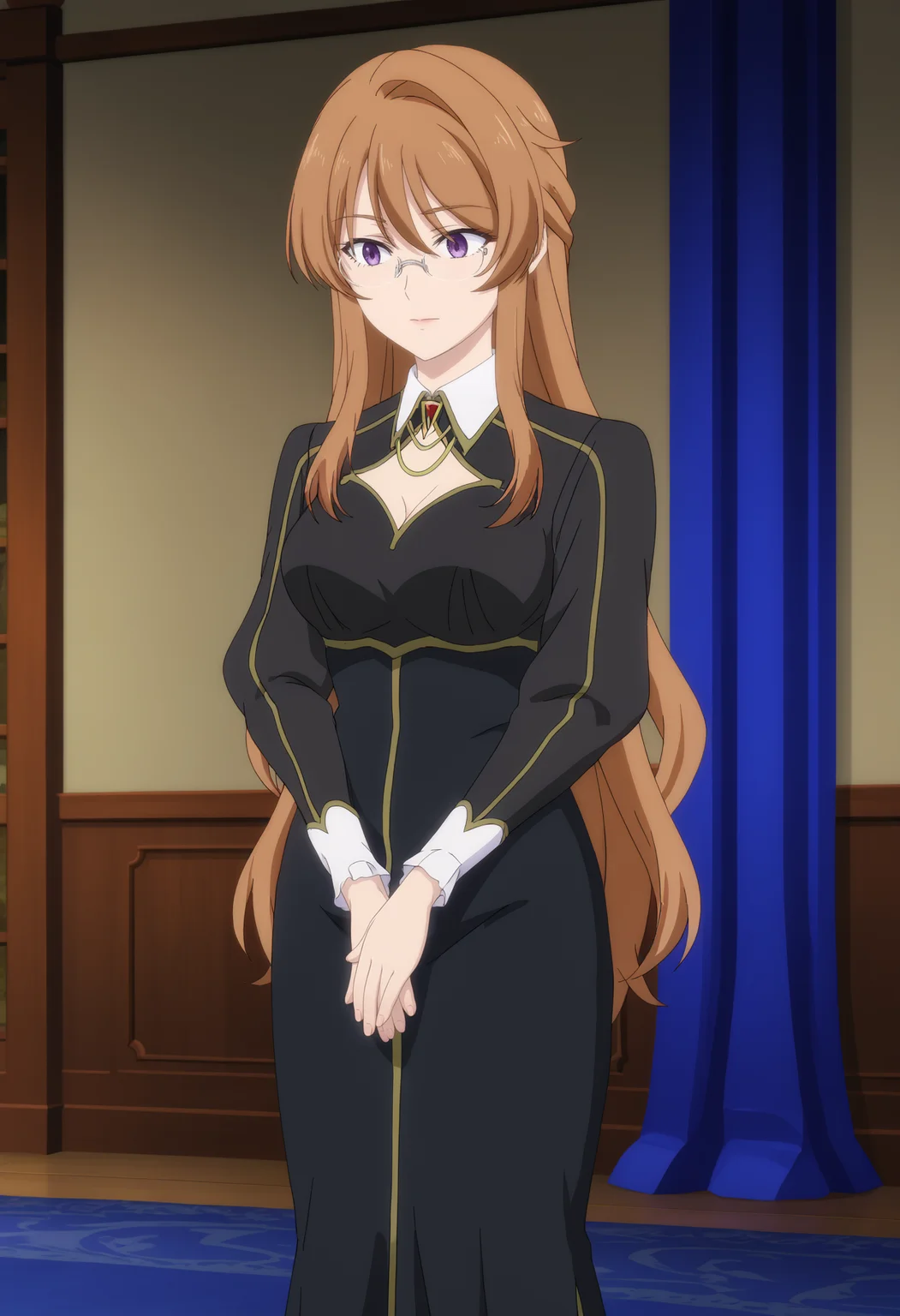 Fisch Brandel,solo,long hair,glasses,purple eyes,brown hair,breasts,dress,own hands together,black dress,long sleeves,standing,anime screencap,<lora:Fisch Brandel:1>