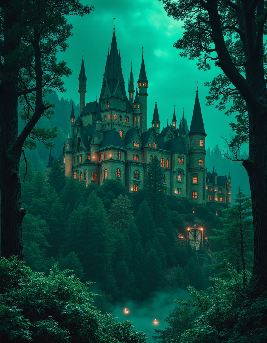 touch of verdigris style photograph, a grand castle with soaring towers hidden within an enchanted forest, teeming with bioluminescent plants and creatures, in the mystical style