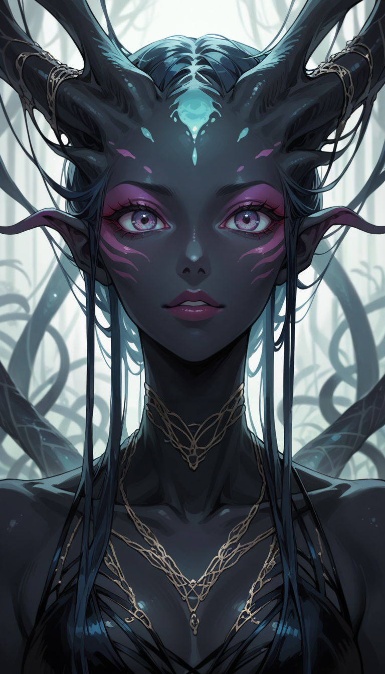 score_9, score_8_up, score_7_up, Anime Style, Portrait, alien figure, black skin, blend of organic and artificial elements, eerie atmosphere, contrasting colors and textures, natural and artificial components, alien, scifi background, dystopian, organic meets artificial, dark, depth of field, dynamic angle, fashion photography, sharp, hyperdetailed:1.15
