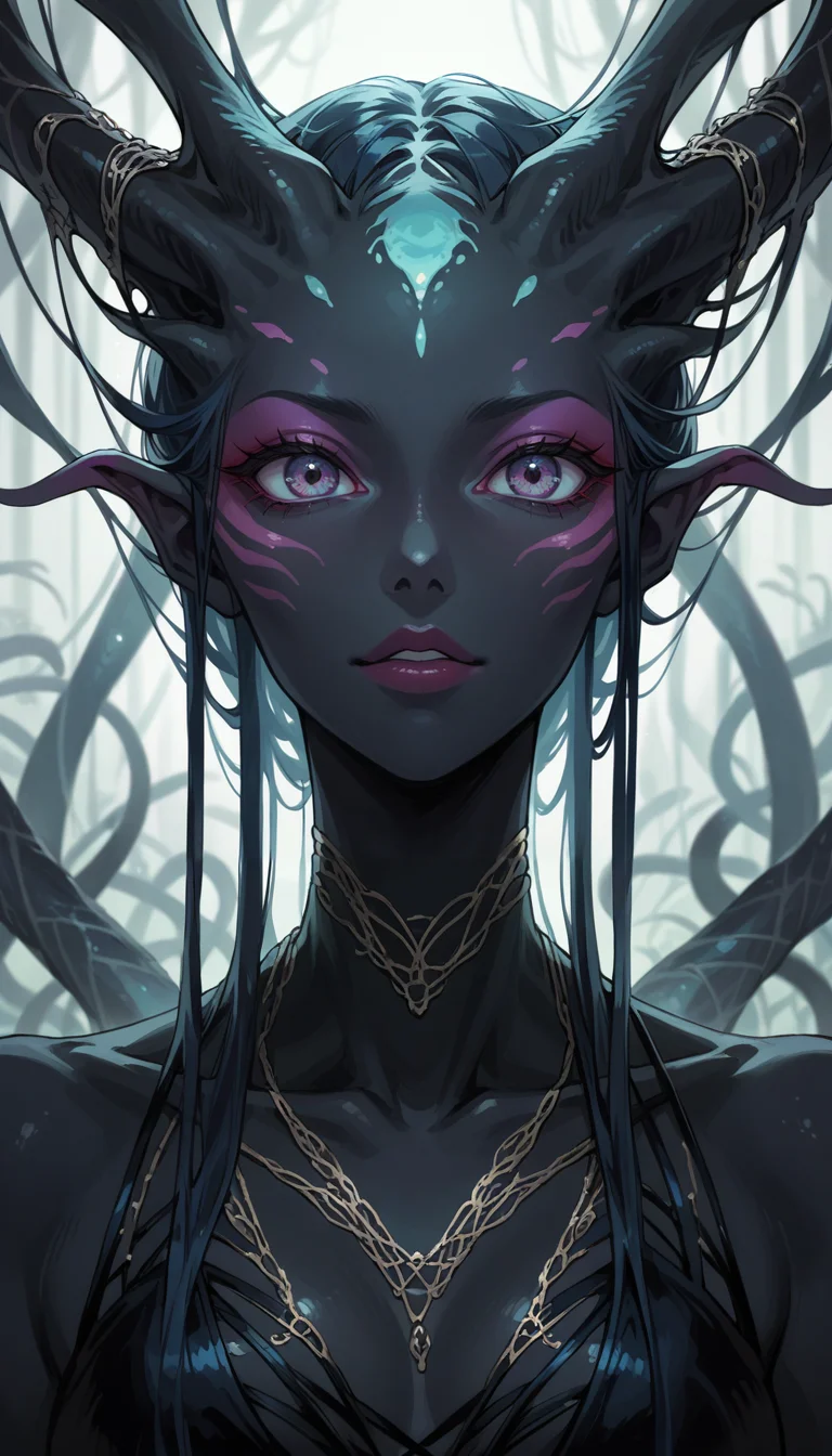 score_9, score_8_up, score_7_up, Anime Style, Portrait, alien figure, black skin, blend of organic and artificial elements, eerie atmosphere, contrasting colors and textures, natural and artificial components, alien, scifi background, dystopian, organic meets artificial, dark, depth of field, dynamic angle, fashion photography, sharp, hyperdetailed:1.15