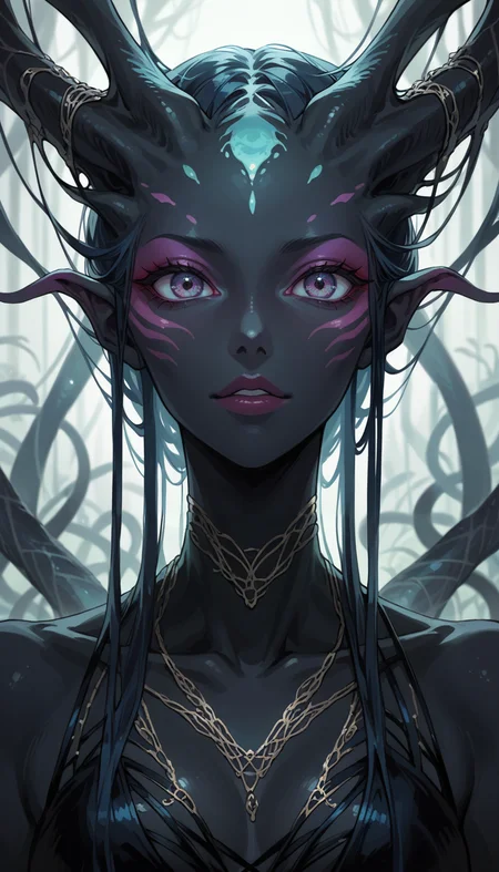 score_9, score_8_up, score_7_up, Anime Style, Portrait, alien figure, black skin, blend of organic and artificial elements, eerie atmosphere, contrasting colors and textures, natural and artificial components, alien, scifi background, dystopian, organic meets artificial, dark, depth of field, dynamic angle, fashion photography, sharp, hyperdetailed:1.15