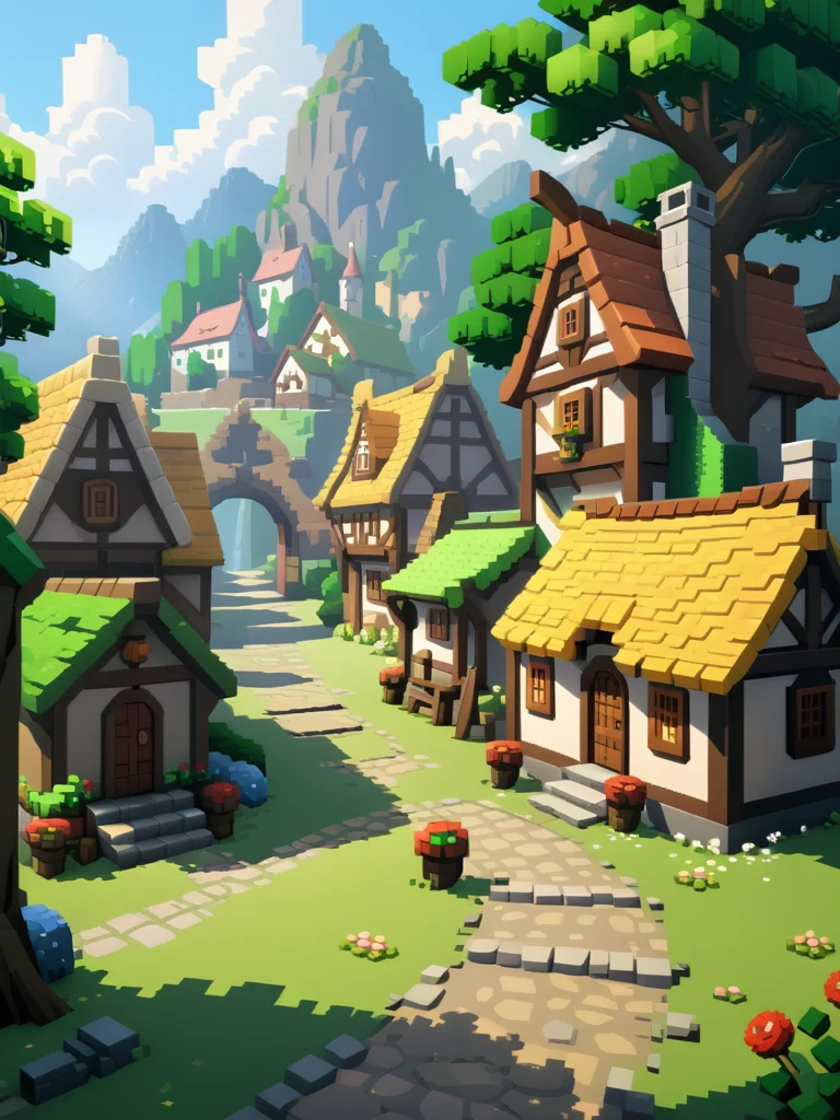 <lora:CartoonStyle_Hap_XL:1>,cartoon style,pixel-art , there is a cartoon picture of a village with a stone path, villages, unreal engine, tyler edlin fantasy art, style of tyler edlin, 4 k matte thomas kinkade, style of thomas kinkade, medeival fantasy town, video game environment design, 2. 5 d cgi anime fantasy artwork, unreal engine 5, tyler edlin and natasha tan . low-res, blocky, pixel art style, 8-bit graphicsanime,masterpiece,UHD,perfection,perfect,detailed, 