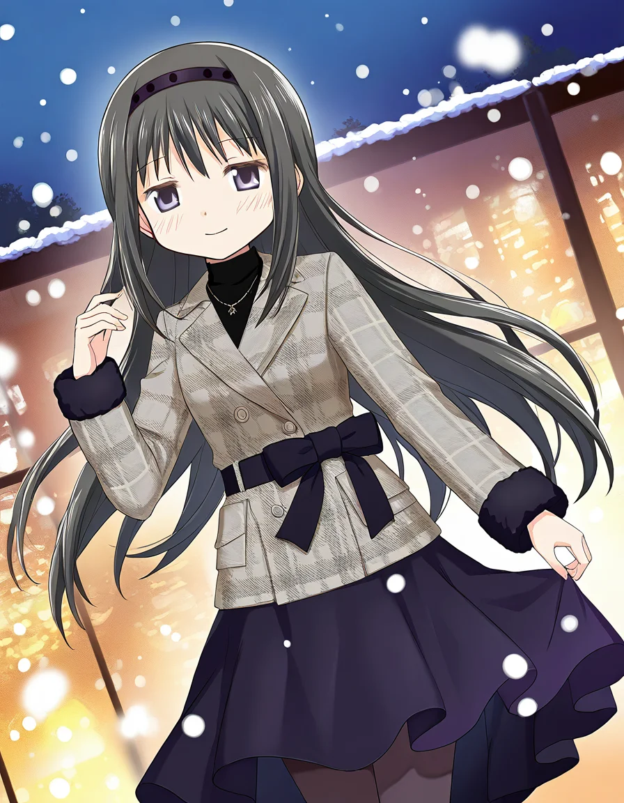 masterpiece, best quality, newest, absurdres, highres, safe, 1girl, akemi homura \(winter costume\), magia record: mahou shoujo madoka magica gaiden, smile, solo, snowing, outdoors, dutch angle, <lora:20241226152250_akemi_homura_noobaiXLNAIXL_vPred10Version:0.7>