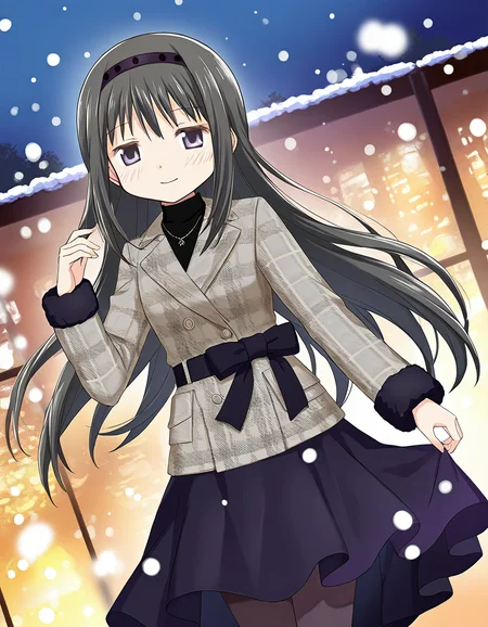 masterpiece, best quality, newest, absurdres, highres, safe, 1girl, akemi homura \(winter costume\), magia record: mahou shoujo madoka magica gaiden, smile, solo, snowing, outdoors, dutch angle, <lora:20241226152250_akemi_homura_noobaiXLNAIXL_vPred10Version:0.7>