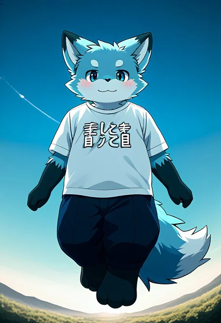 zuppu11, furry, male focus, fox, full body, no humans, solo, blushing, floating in the beautiful sky, look at viewer, wear t shirt