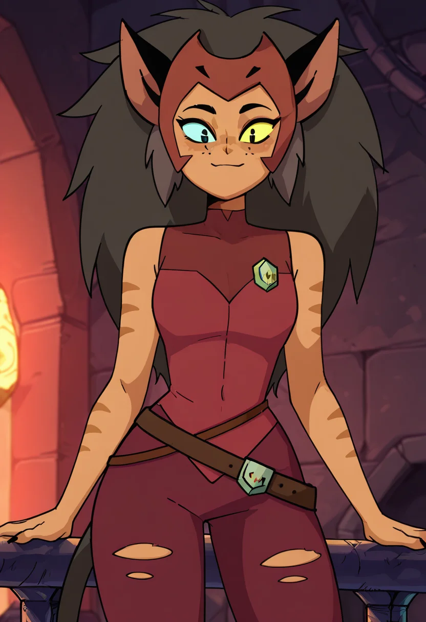 masterpiece, best quality, solo, curvy, beautiful eyes,   zzCatra, green eyes, yellow eyes, multicolored hair, cat girl, furry, big hair, brown hair, long hair, animal ears, cat ears, heterochromia, colored sclera, yellow sclera, dark skin,  freckles, blue eyes, sleeveless, belt, torn clothes, tail, black hair, pants,   ,       <lora:CatraShera_IXL:1.0>, , smile, looking at viewer, cowboy shot,  ,<lora:Diives_NAI:1.0>,