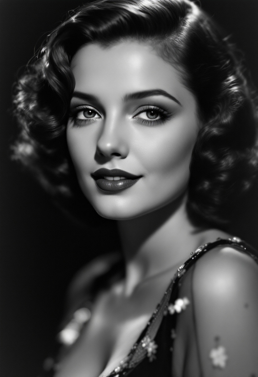 Black and white photo, a 1930s celebrity, a sensuous young woman, looking at the viewer, a little smile, close up to the face, perfect lighting, dark background