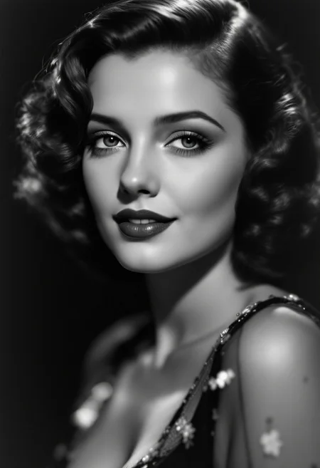 Black and white photo, a 1930s celebrity, a sensuous young woman, looking at the viewer, a little smile, close up to the face, perfect lighting, dark background