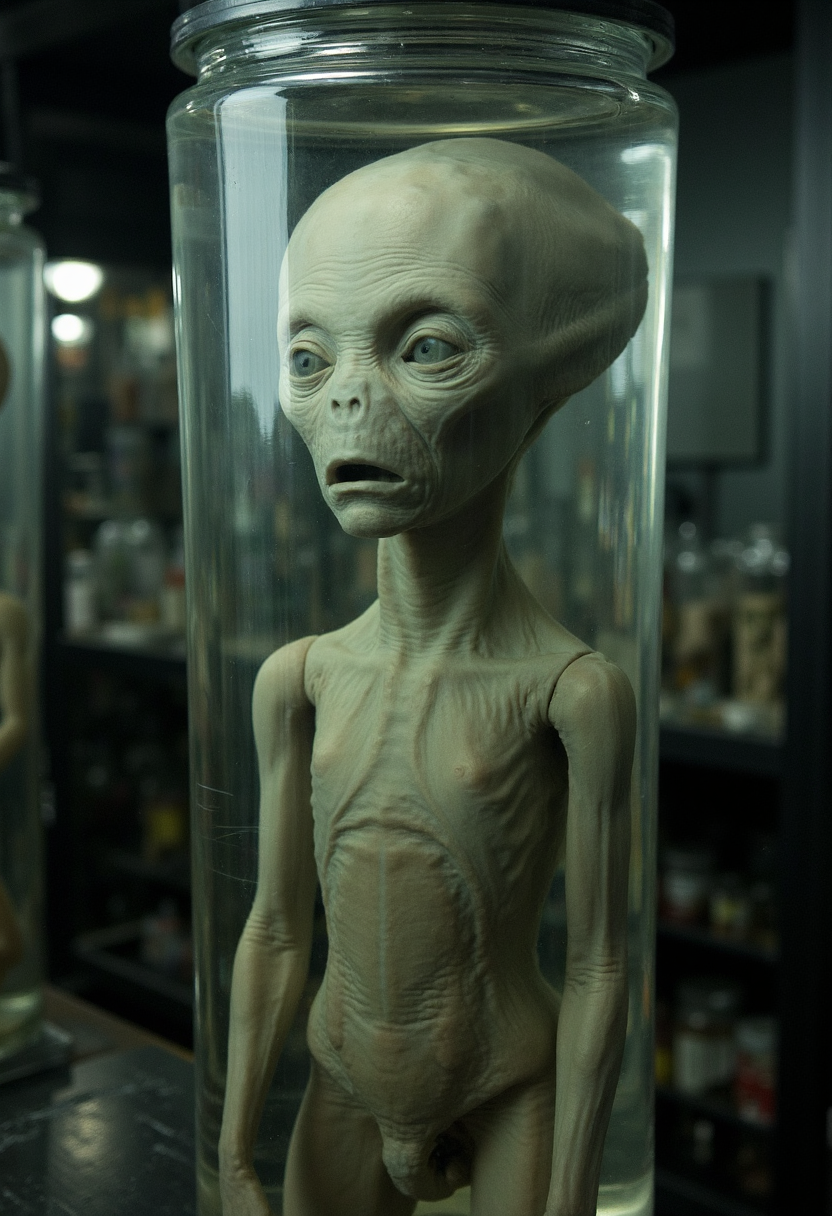 photograph of wet sample of a grey alien floating in a large cylindrical glass tank. Big head small body. Blank expression with slack jaw, parted lips and very large milky eyes. Very decomposed, pale flaky shriveled skin, very detailed, creepy atmosphere, standing in a shelf in a creepy laboratory <lora:wet_sample-000129:1>