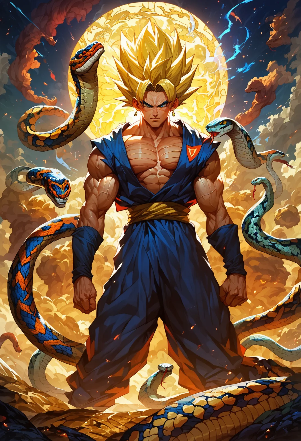 score_9, score_8_up, score_7_up,
goku, snake on shoulders, full body, covered gi, yellow gold hair, super saiyan, snake way, detailed background,
