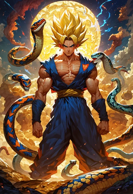 score_9, score_8_up, score_7_up, 
goku, snake on shoulders, full body, covered gi, yellow gold hair, super saiyan, snake way, detailed background,