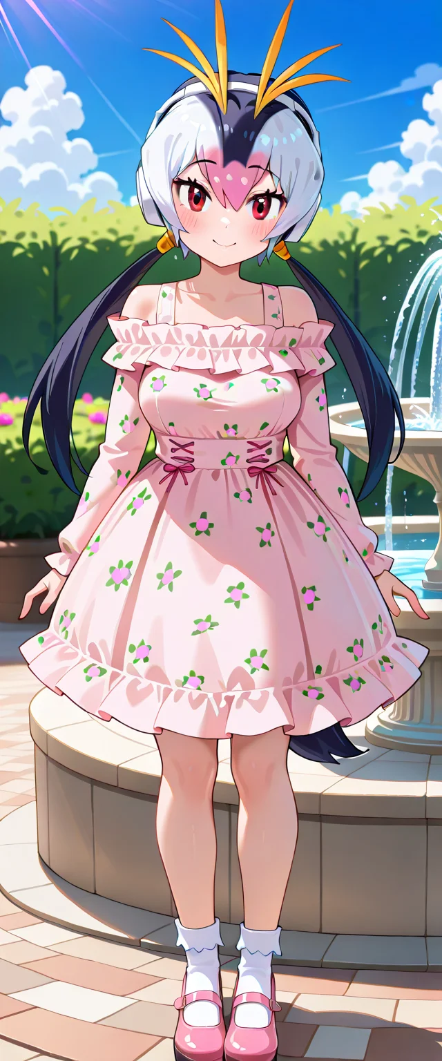 1girl, <lora:royal_penguin_kf_ilxl_v1:1>, royal penguin \(kemono friends\), penguin girl, penguin tail, tail, multicolored hair, two-tone hair, white hair, black hair, blonde hair, pink hair, hair. streaked hair, headphones, hair tube, hair ornament, black eyes, red eyes, medium breasts, rpkf2nd, dress, white dress, frilled dress, frills, print dress, pink dress, white dress, floral print, socks, white socks, short socks, mary janes, pink footwear, full body, standing, blush, smile, looking at viewer, garden, fountain, blue sky, cloud, masterpiece, best quality, very aesthetic, absurdres