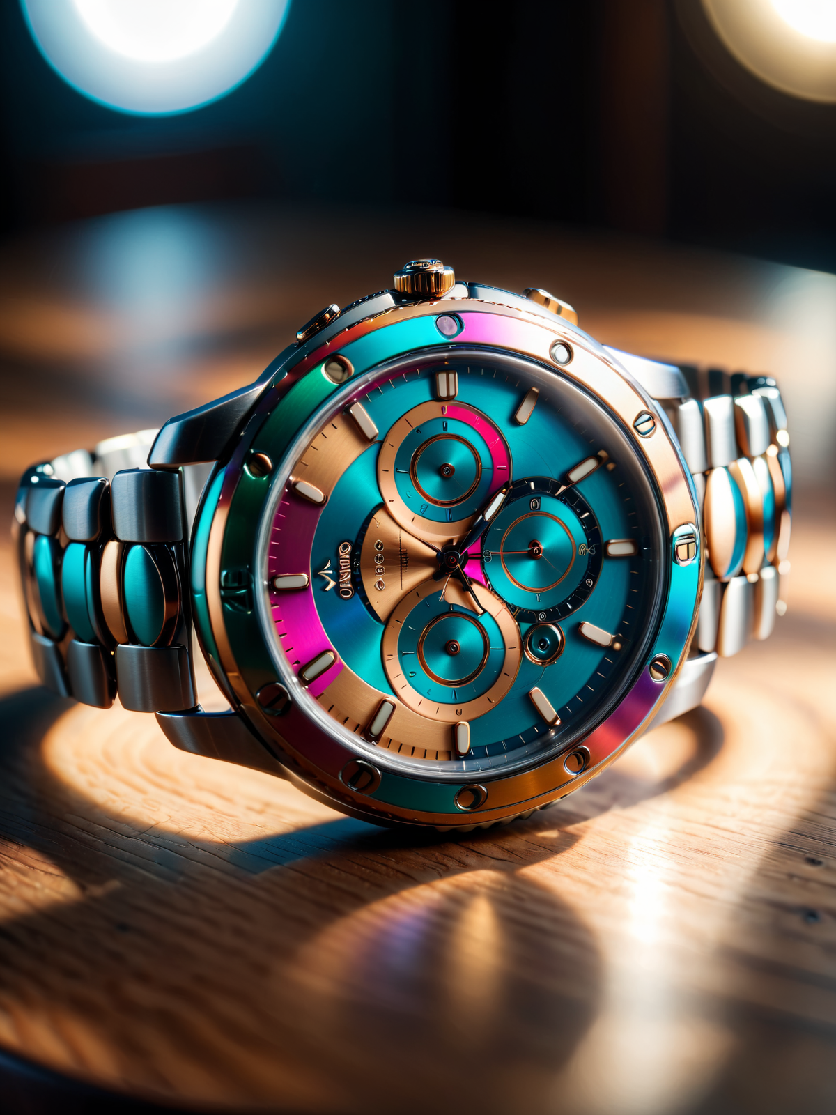 close-up of colorful mad-clfcrcle watch lying on wooden table, light rays, cinematic shot, great lighting <lora:Colorful_Circles_SDXL_v2:1>, raw photo, film grain, Fujifilm XT3, (photorealistic, realistic:1.2), deep shadow,  8k, uhd, dslr, ultra high res