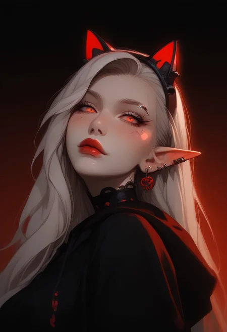 (score_9, score_8_up, score_7_up), 1egirl, solo, 20 year old,She's lying on her back
, white long hair, 1girl, elf, condescending look, pale white skin, petit, very white skin, two colored hair ((red and white hair)), red glowing highlights, Undercut right side, freckles, very detailed face, black lipstick, red fire eyes, wet skin,( slingshot string:1.2), black mini skirt, big thighs, grabbing her own boobs, ((We are looking from before her face)),skimpy hips, volumetric lighting, vibrant colors, kneeling before fireplace, kneeling, spread legs, lilandavastyle, OverallDetail, Expressiveh, fFaceDetail, g0thicPXL, glowing, neon,  view from front, below shot, focus on face, depth of field, cat onesie, natural big boobs, (j-cup), natural physics, Goth, cyberpunk horns, grabbing boobs, bite lower lip, super detailed skin, black nipple piercings, Focus on face,( no penetration:1.3), energetic pose, fishnet thighhighs, no pants, underboobs