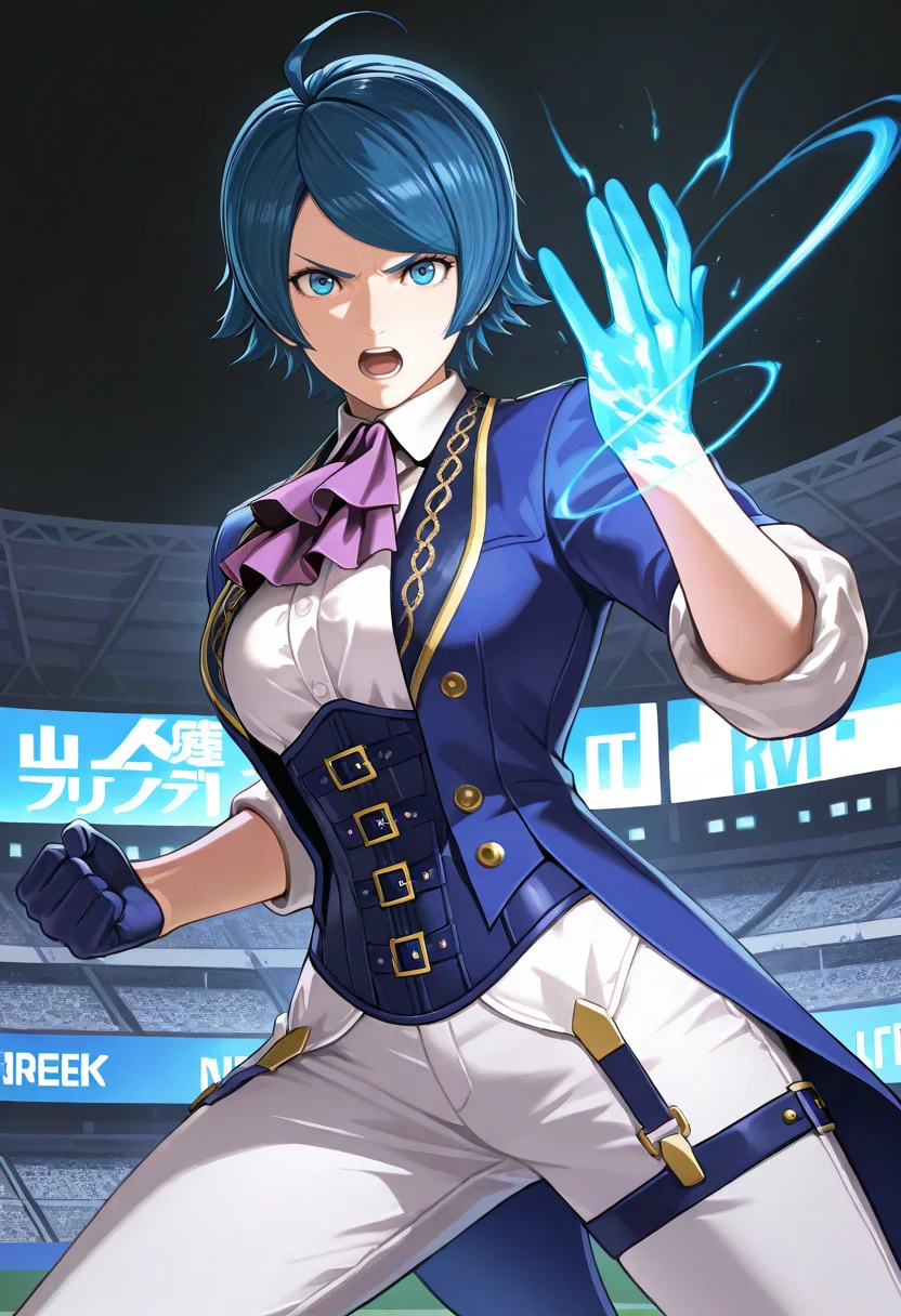 masterpiece, best quality, newest, absurdres, highres, <lora:ElisabethBKOFIllustrious:1>, LIBLXV, blue eyes, blue hair, short hair, blue coat, open coat, ahoge, blue corset, tailcoat, suspenders, white collared undershirt, ascot, gloves, sleeves rolled up, white pants, close up, palm, fighting stance, determined, blue energy, energy trail, energy on hand, 1girl, solo, breasts, determined, open mouth, black background, looking at viewer, stadium, night,