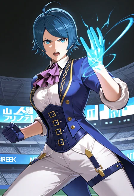 masterpiece, best quality, newest, absurdres, highres, <lora:ElisabethBKOFIllustrious:1>, LIBLXV, blue eyes, blue hair, short hair, blue coat, open coat, ahoge, blue corset, tailcoat, suspenders, white collared undershirt, ascot, gloves, sleeves rolled up, white pants, close up, palm, fighting stance, determined, blue energy, energy trail, energy on hand, 1girl, solo, breasts, determined, open mouth, black background, looking at viewer, stadium, night,