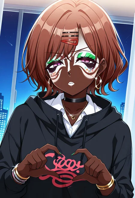 Score_9,score_8_up,score_7_up,score_6_up,source_anime,masterpiece, best quality, 4k, absurdres, 8k,detail,1girl,solo,neon glow,hoop earrings,dark-skinned female,ggr,(jet-black skin:1.2) BREAK
(yamanba, white facepaint makeup:1.3),face stickers,star stickers, heart stickers, eyeshadow, very dark skin, (glitter, long thick eyelashes),(green makeup),  BREAK
higuchi madoka, short hair, brown hair, purple eyes, hairpin, BREAK 
white shirt, collared shirt, hood, sweater, open black hoodie, collared shirt, gold bracelets, necklaces,choker,accessories, hair ornament,
4-finger heart hands,
(indoors:1.1),(night:1.2),room, (upper body), Dutch Angle Shot, (dynamic pose:1.2), face focus, eyes focus, BREAK 
Expressiveh,half-closed eyes, horny face, irritable, frowning,  BREAK OverallDetail,Frontlight,