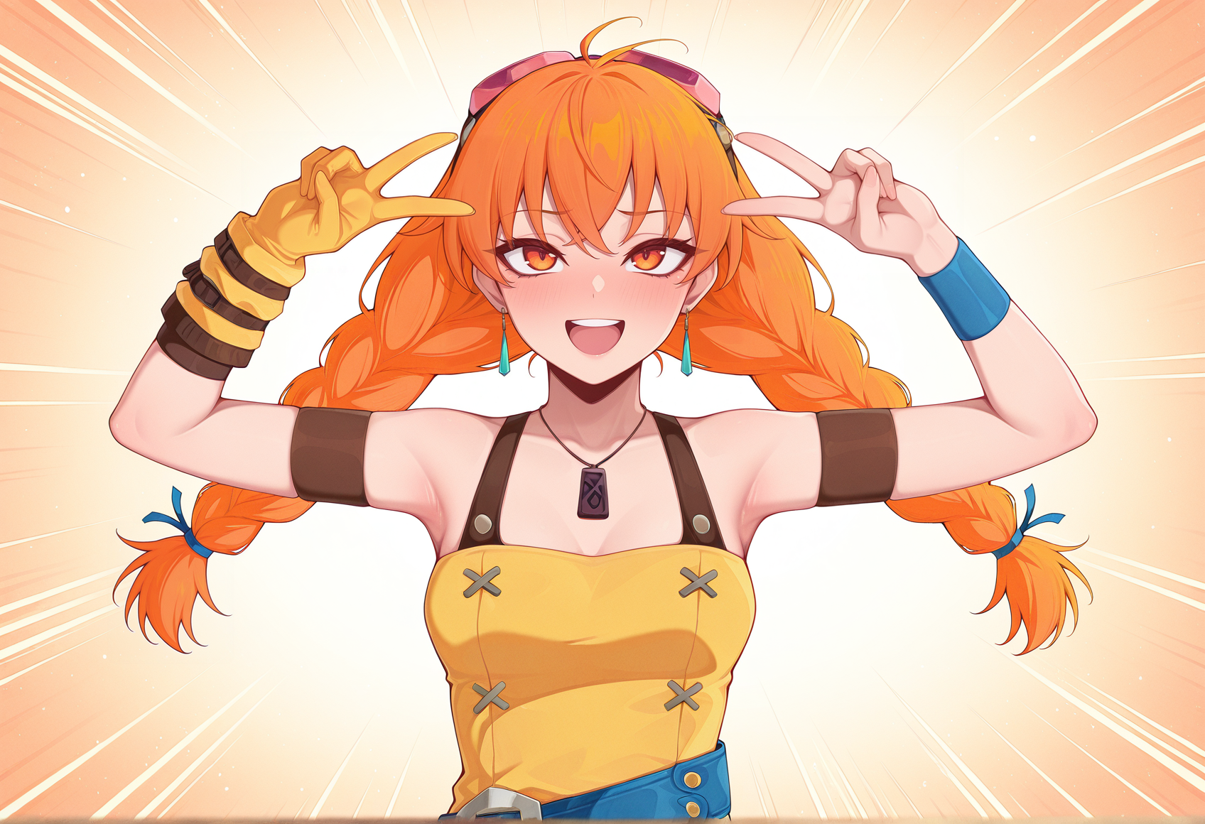 double v, emotional engine - full drive, 1girl, solo, twin braids, orange hair, long hair, orange eyes, necklace, dress straps, yellow dress, Goggles On Head, armlet, blue belt, wristband, single glove  <lora:Aika_arcadia:1>, masterpiece, best quality, amazing quality, very aesthetic, absurdres, highres, newest