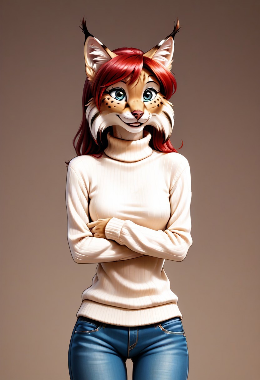 digital_media_(artwork) hi_res, score_9, score_7_up, score_6_up, source_furry, rating_safe, anthro, furry, female, furry female, detailed textured fur, fur tufts, lynx, red hair, blonde brown fur, spots, beautiful blue eyes, medium breasts, covered breasts, slim, slender, turtleneck sweater, denim jeans, smile, SFW,