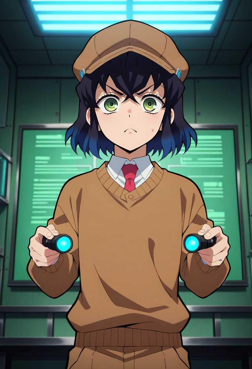 masterpiece, best quality, , anime screencap, anime coloring, official style, , 1boy, solo, male focus, <lora:inosuke_hashibira_ilxl:1>, inosuke_hashibira, black hair, green eyes, blue hair, multicolored hair, bangs, short hair, hair between eyes, gradient hair, two-tone hair, , science lab, bubbling beakers, glowing microscopes, organized benches, experimenting pose, focused expression, sterile light, , newsboy cap