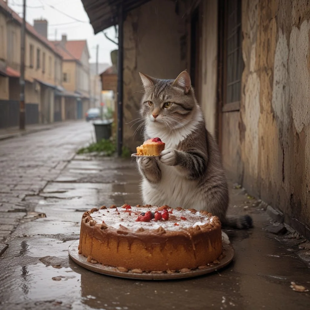 Photograph of a sitting cat eating a cake with its paws, it is in a grunge environment, a city, walls, tags, it is raining, it is under a shelter, realistic style, 8K, 5D canon, 50mm lens , 1.2, very detailed, realistic rendering, full body, natural lighting, photography, no defects, the overall composition is majestic, very beautiful realistic photo