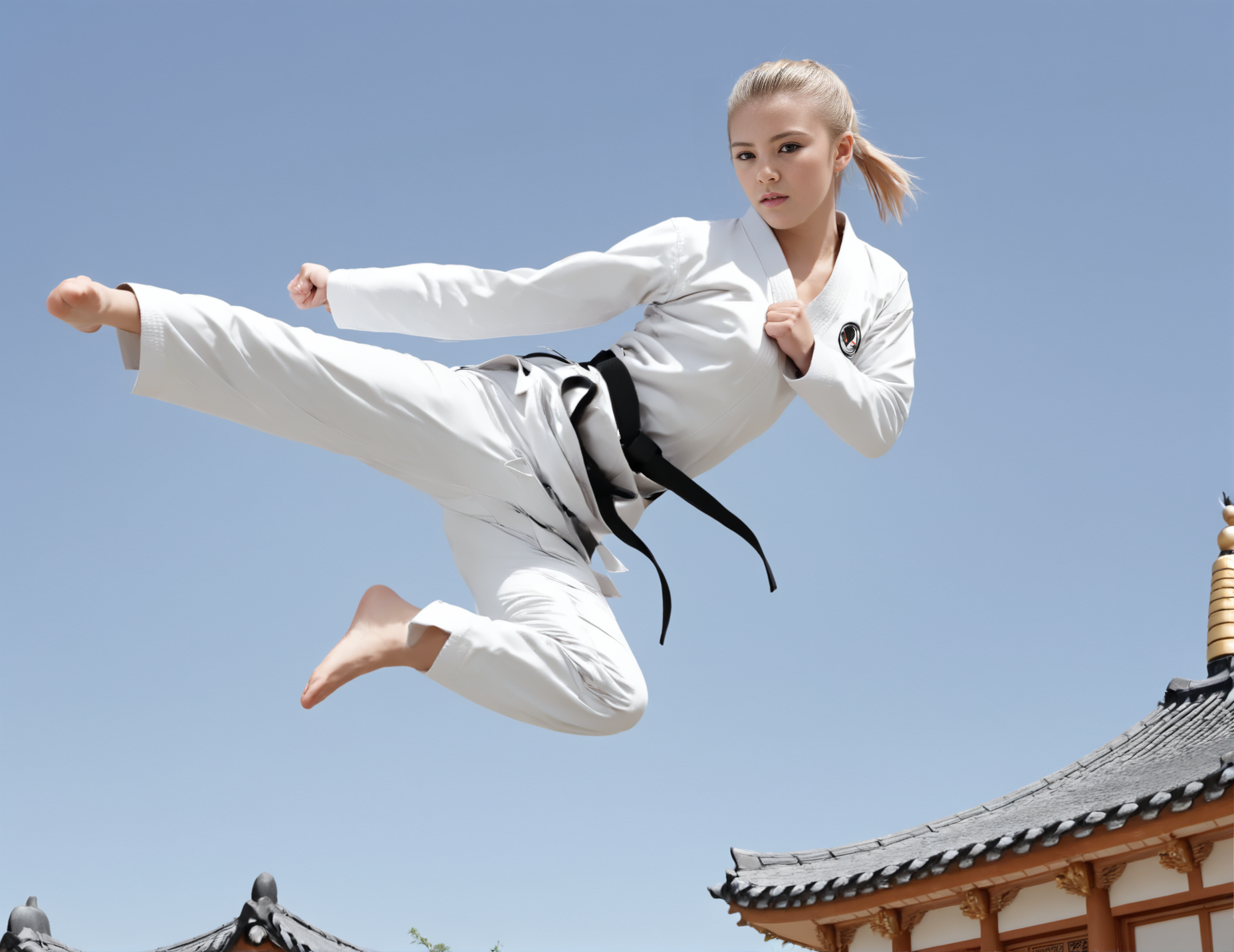 jusiki, side view, (slim 25yo woman) doing a jump sidekick in front of a pagoda. the girl wears white karate uniform, black belt and has short blonde straight hair <lora:JumpedSideKick-000007:1>