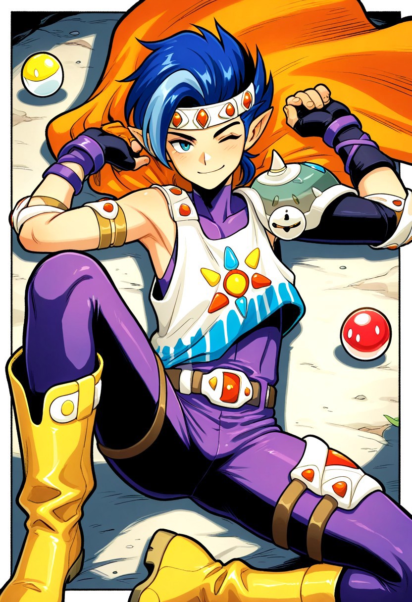 masterpiece, best quality, amazing quality, very aesthetic, absurdres, newest, curtisffl3, 1boy, male focus, blue hair, pointy ears, jeweled headband, orange cape, single pauldron, loose shirt, multicolor shirt, elbow pads, gray fingerless gloves, purple bracelets, sleeveless purple bodysuit, belt, thigh armor, yellow boots, hands up, wink